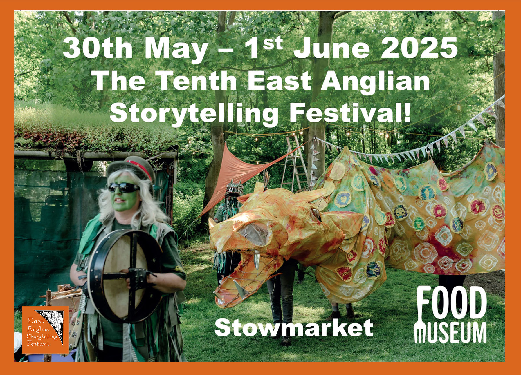 procession of morris dancers and dragon at the East Anglian Storytelling Festival